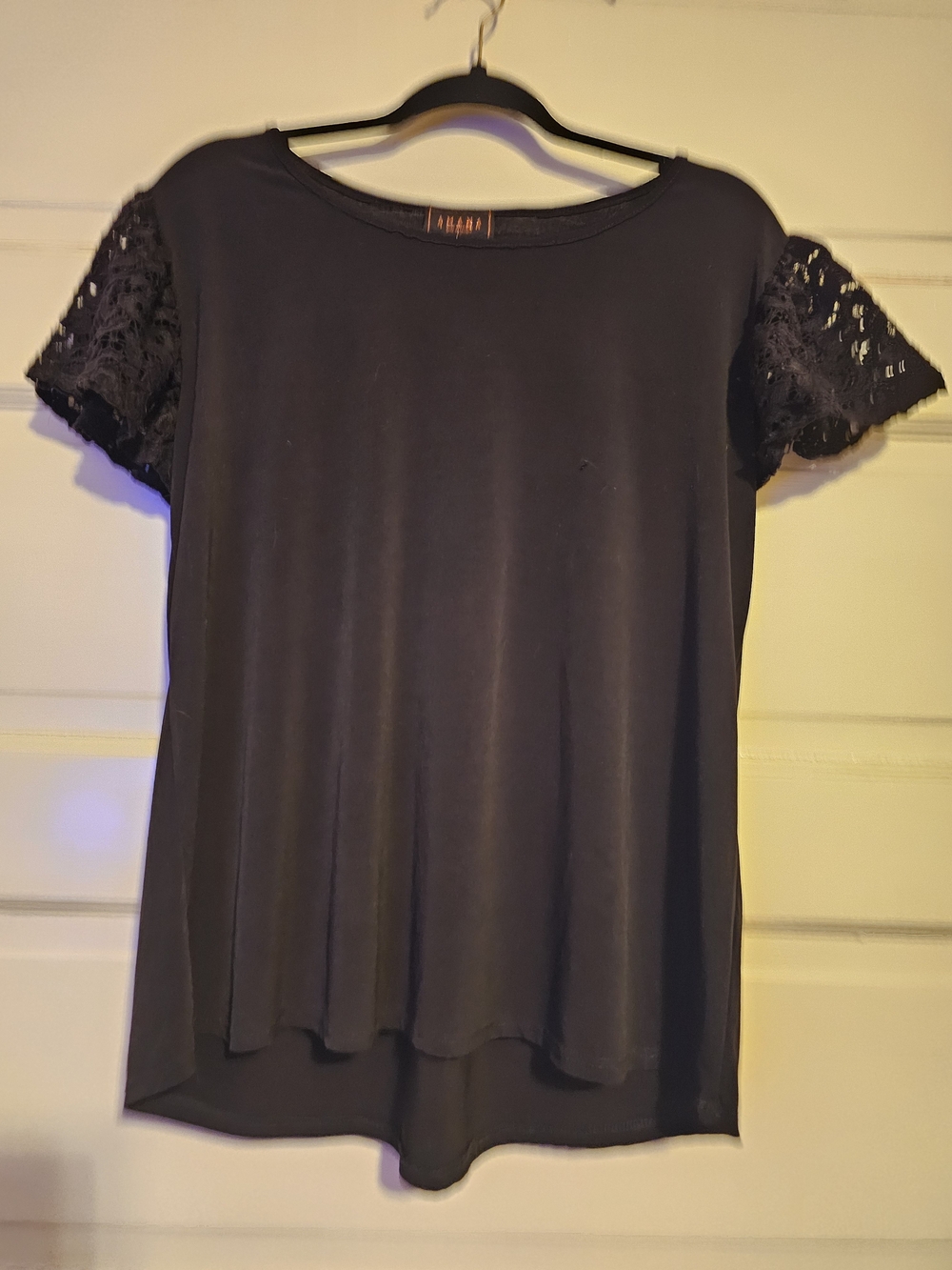 AMANA Black Short Sleeve Top with Eyelet Lace Puff Crochet Sleeves - Size 1X